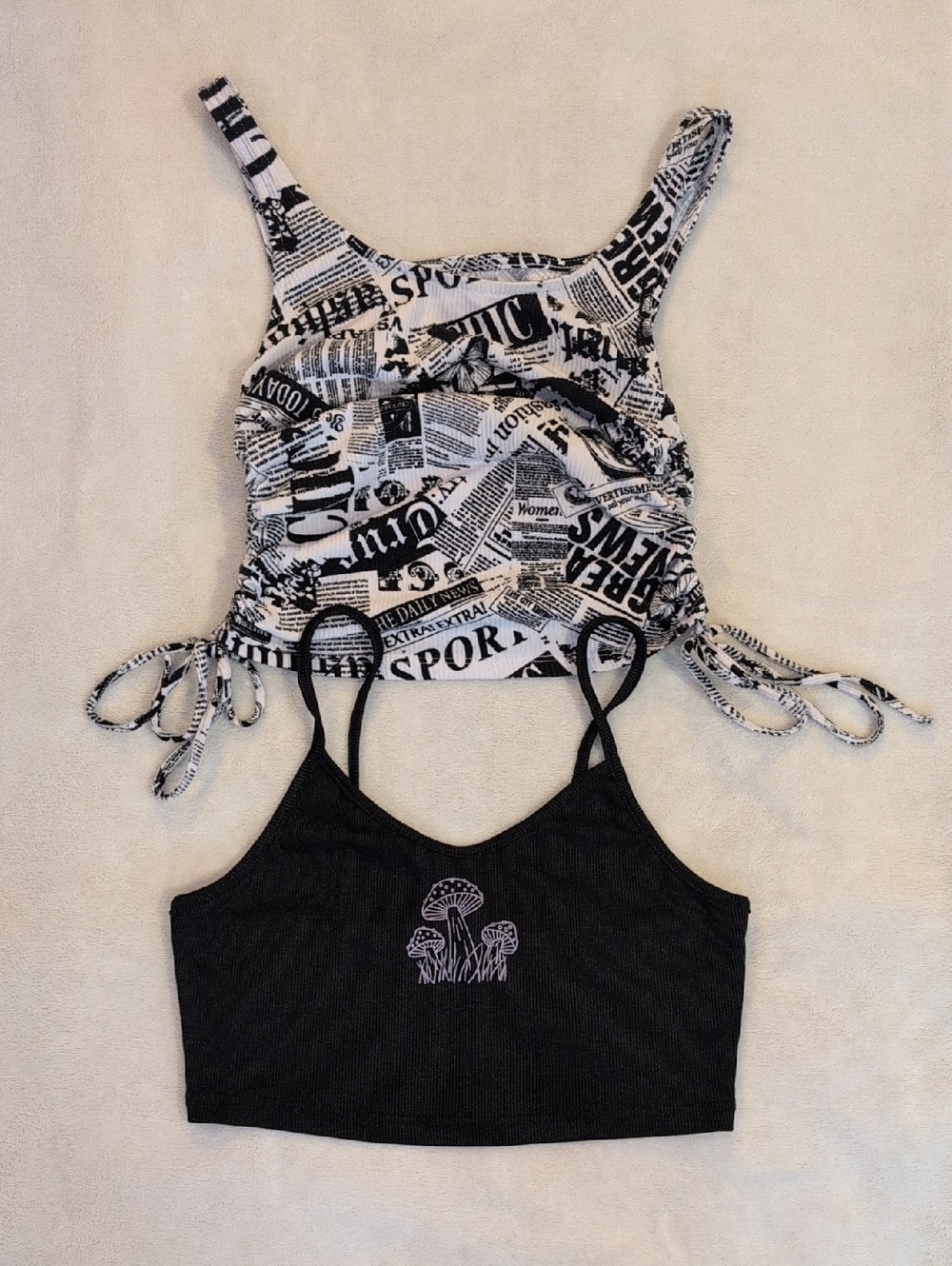 XS 2-Piece Graphic Bundle: Abstract Knotted Tank & Shein Purple Mushroom Top